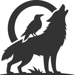 A wolf howling with a raven perched on its back animal vector silhouette