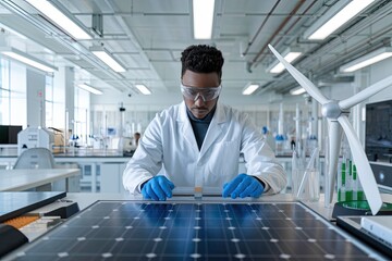 African American Scientist Examining Solar Panel Sample in Bright Lab with Wind Turbine Model; Clean Energy Research in Science, Technology, Engineering, & Mathematics (STEM)