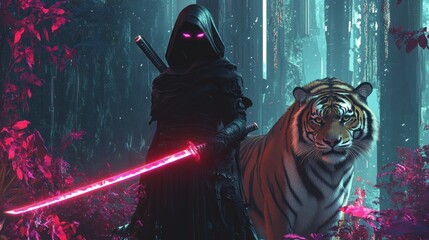 Mysterious figure in dark cloak wielding glowing sword stands beside majestic tiger in vibrant forest