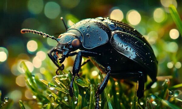 Macro Shot of Black Beetle on Dewy Grass - Stunning Nature Close-Up