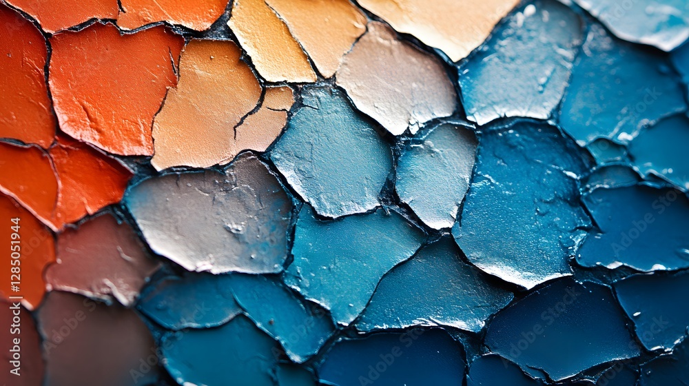 Poster close-up view of cracked paint, showing a blend of rich blues and oranges. abstract art texture. abs