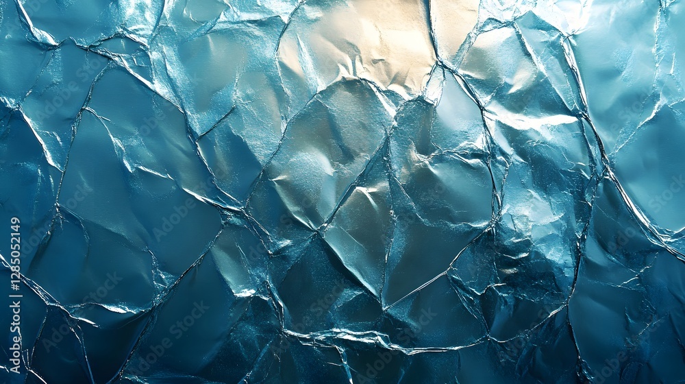 Poster close-up of crumpled blue foil showcasing abstract texture. dramatic lighting creates a unique visua