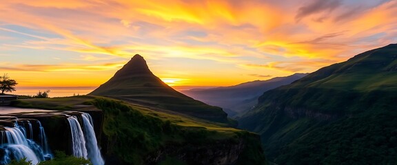 Majestic Sunset Landscape Breathtaking Waterfall Mountain Scenery Dramatic Clouds Golden Hour View