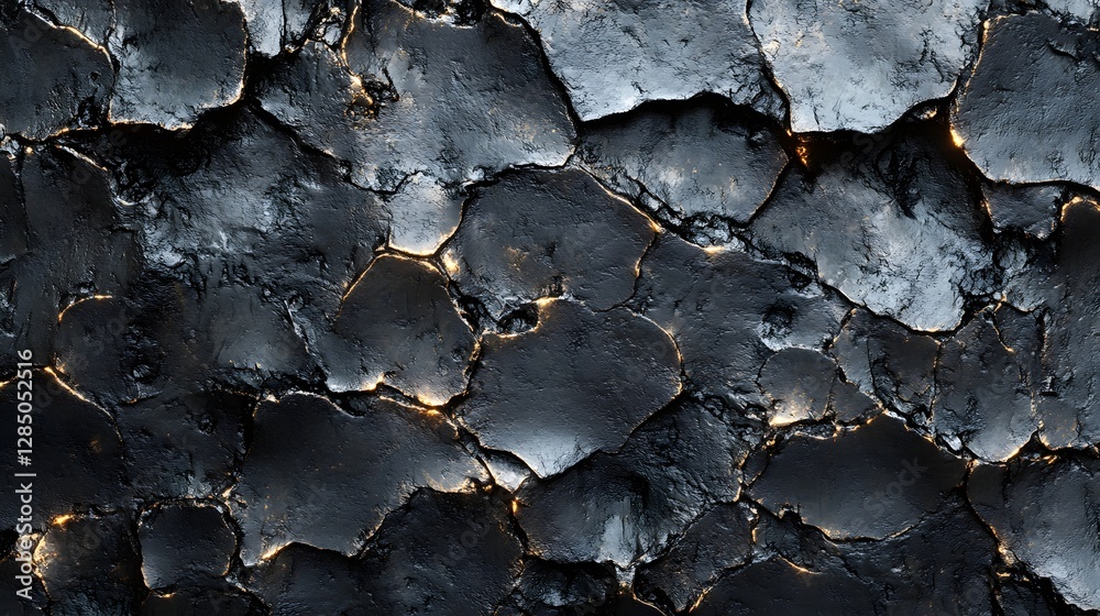 Poster abstract image of a dark, cracked surface with glowing crevices. the texture is rough and powerful. 