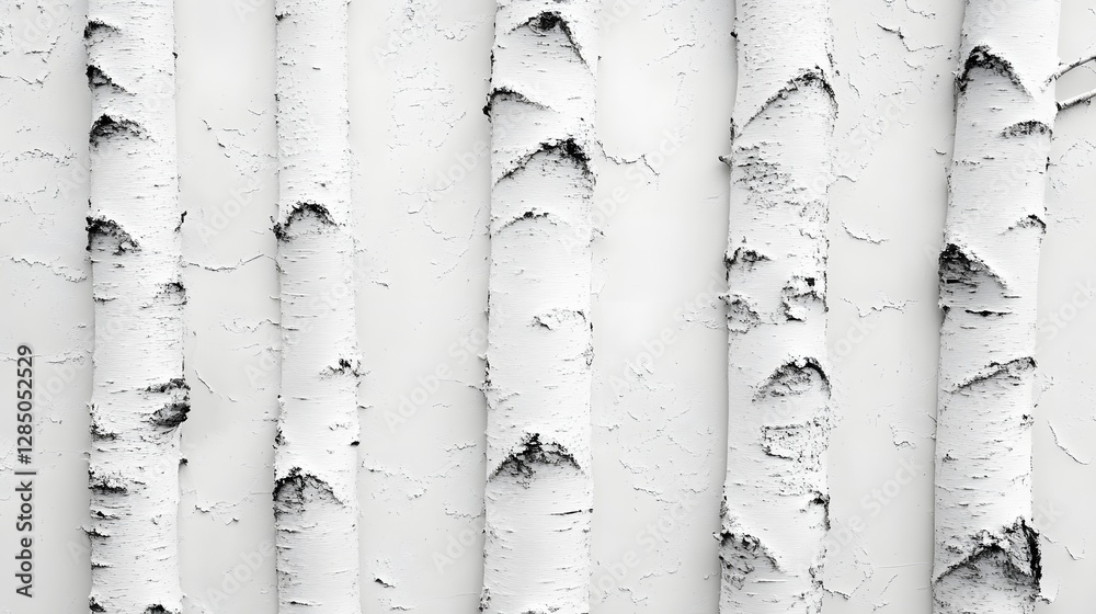 Poster Close-up of several birch tree trunks, showcasing their textured bark in a monochromatic palette. Monochromatic Birch Tree Trunks: A Textural Study