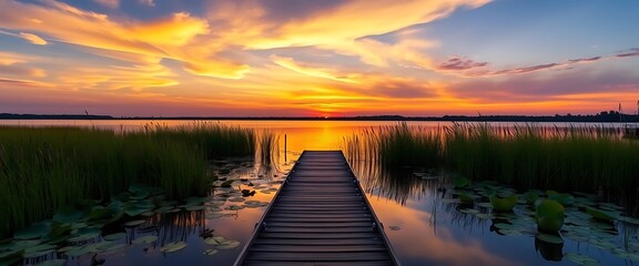 Stunning Sunset over Calm Lake with Wooden Dock Lily Pads and Tall Grass