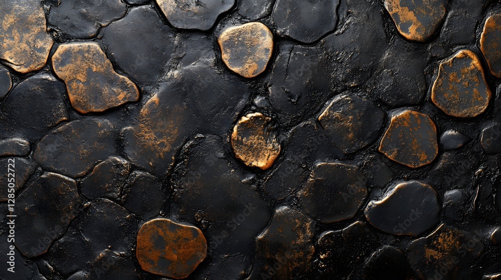 Poster Close-up view of a textured stone mosaic with a mix of black and copper tones. The abstract pattern creates a sophisticated and luxurious aesthetic. Abstract Black and Copper Stone Mosaic