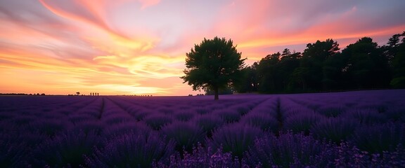 Stunning Sunset over a Lavender Field with a Solitary Tree