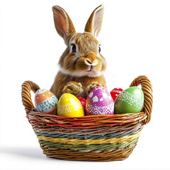 rabbit sits in colorful basket with decorative eggs