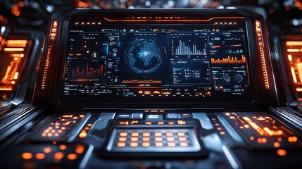 Futuristic control panel with global data display.