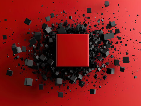 A red wallpaper with bouncing tiny 2d black squares and geometric pattern