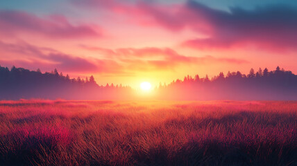 Breathtaking sunset landscape with wild grass plains and a forest creating a serene atmosphere