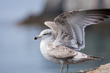 Obraz premium Juvenile Seagull Spreading Wings on Rock, Soft Natural Light, Detailed Feather Texture, Cream and Grey Plumage, Calm Coastal Scene
