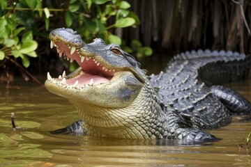 Obraz premium Close-up portrait of an American Alligator with an open mouth in a murky swamp, showing sharp teeth. Lush green foliage and reeds in the background