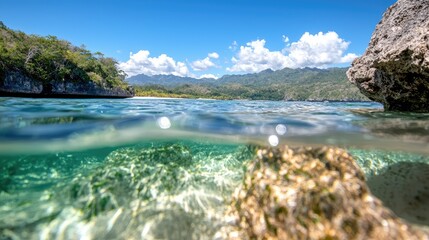 Fototapeta premium Tropical beach, underwater view, clear water, coastal mountains