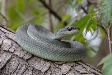 Fototapeta premium Up-close, a smooth gray snake coiled on rough tree branch, peering with amber eyes against a soft, green, out-of-focus foliage background