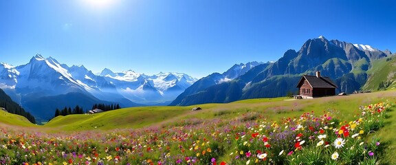 Stunning Alpine Meadow Landscape with Colorful Wildflowers and a Rustic Wooden Cabin in the Swiss Alps