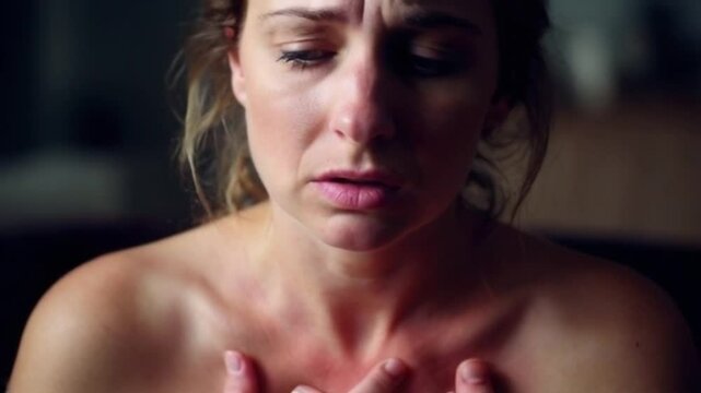 A woman is crying and hugging her chest. She is in pain and is trying to comfort herself