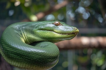 Fototapeta premium Coiled, Green Scales, Bokeh Background, Nature Portrait, Exotic Reptile, Captive, Textured Skin, Predatory Gaze