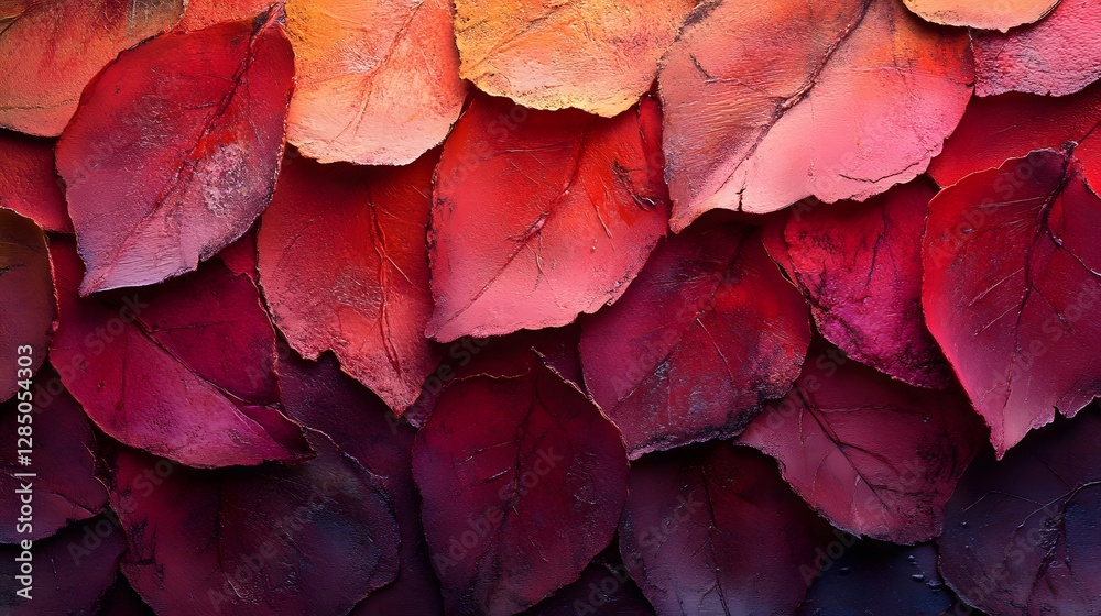 Poster close-up view of many textured autumn leaves, displaying a gradient of red tones. autumnal leaves: a