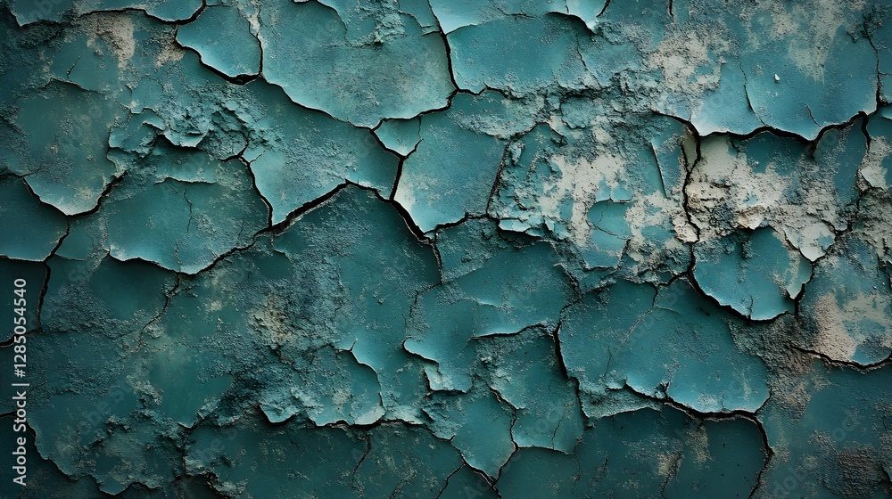 Poster close-up view of cracked teal paint on a textured surface. abstract background. cracked teal paint t