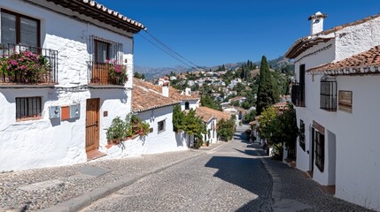 Fototapeta premium Whitewashed Spanish village street, hillside town, sunny day, tourism