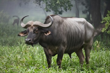 Obraz premium Powerful Asian Water Buffalo Portrait in a Misty Meadow, Close-Up, Wildlife Photography, Natural Light, Moody, Greens, Grays, and Blacks