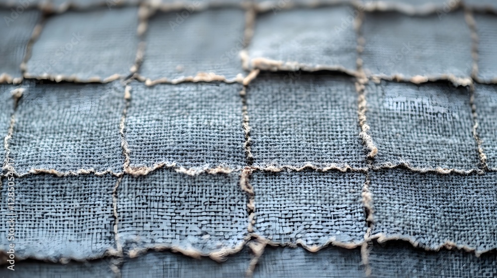 Poster Close-up view of a textured fabric with blue squares. The fabric shows a distinct pattern and texture. Abstract Textured Fabric: Close-Up View of Blue Squares