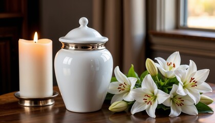 White ceramic memorial urn with golden stripe for cremated ashes, surrounded by white lilies and a lit candle on a wooden table