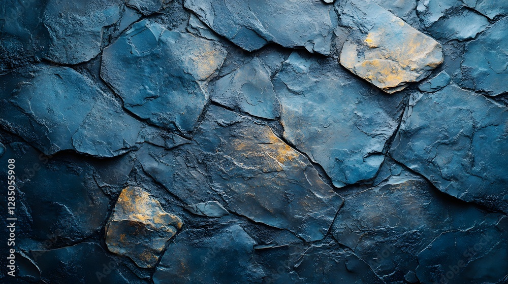 Poster abstract background of deep blue stone wall texture with irregular shapes and gold hints. a captivat