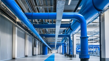 Fototapeta premium A large industrial building with blue pipes running through it. The pipes are blue and are connected to the ceiling