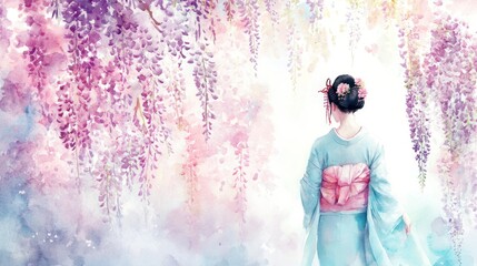 Obraz premium A serene scene of a woman in traditional attire walking under blooming wisteria in a tranquil setting