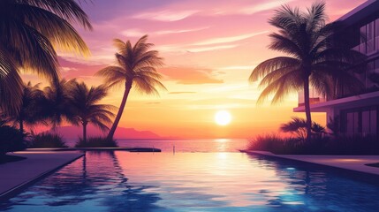 Paradise Found: A serene tropical sunset painting over an infinity pool and luxury accommodation, evoking relaxation and exotic vacation.