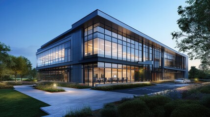 Fototapeta premium Modern Architectural Marvel: A sleek, contemporary office building, distinguished by its expansive glass facade, illuminates the night, showcasing a harmonious blend of design and functionality. 