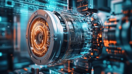 Obraz premium Futuristic mechanical engine component surrounded by glowing circuitry in a high-tech environment