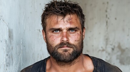 Serious Man With Scars Against Wall, Possible Use Documentary Stock Photo