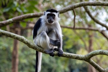 Obraz premium Mantled guereza monkey portrait in Uganda, perched on tree branch with blurred green foliage backdrop, wildlife photography style