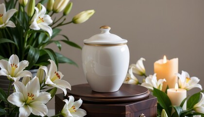 White ceramic memorial urn with cremated remains, golden rim on lid, surrounded by white lilies and lit candles,  remembrance and closure
