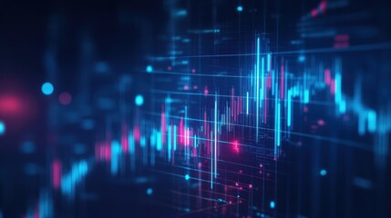 Fototapeta premium Digital stock market chart with step graph, rising bars representing investment growth, blue financial background, futuristic business analysis concept, economic trends visualization. 