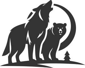 A wolf howling with a bear standing behind it animal vector silhouette
