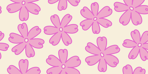 Hand drawn pink floral pattern with stroke. Doodle flower pattern in childish style. Design for fabric, textile, covers, gift wrap, wallpaper.