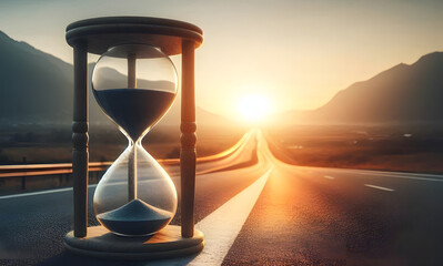 Hourglass in the Middle of an Empty Road at Dawn