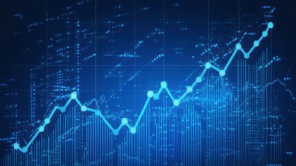 Naklejka premium Digital stock market chart with step graph, rising bars representing investment growth, blue financial background, futuristic business analysis concept, economic trends visualization.
