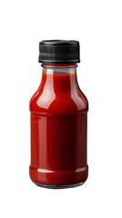 Red sauce bottle with black lid, ketchup condiment, glass container, glossy finish, on transparent background