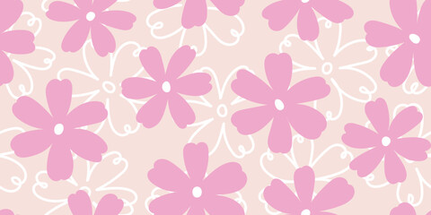 Beautiful pink floral pattern in childish style. Simple abstract flower pattern. Design for fabric, textile, covers, gift wrap, wallpaper.