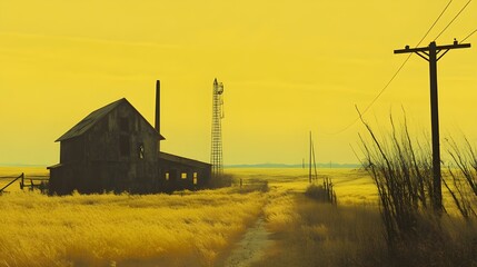 An abandoned building in a yellow-tinted rural landscape, with a dirt road, power lines, and a distant communication tower.