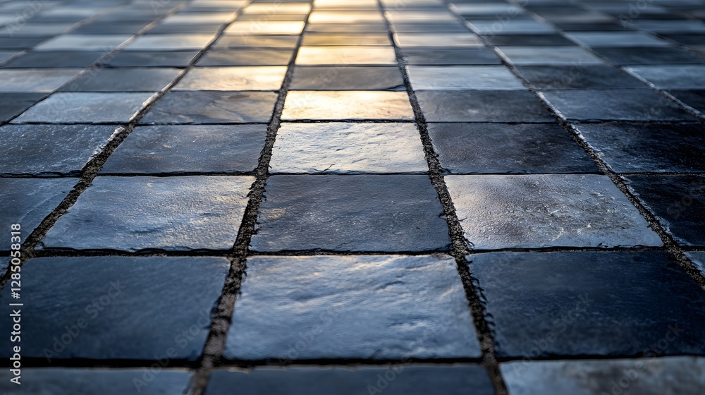 Poster Close-up view of a checkered stone pavement, displaying intricate texture and color variations. The image showcases a perspective. Stone Pavement: A Checkered Pattern in Twilight