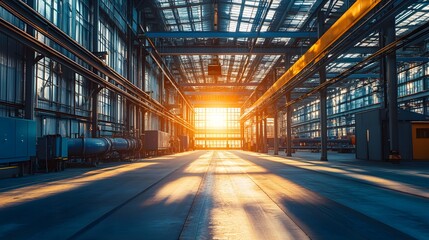 Obraz premium A large industrial building with a bright sun shining through a window. The sun is casting a warm glow on the floor, creating a peaceful atmosphere