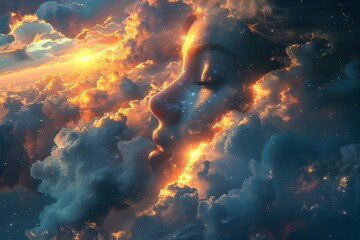 A surreal image depicting a woman's face formed from clouds, illuminated by a fiery sunset.