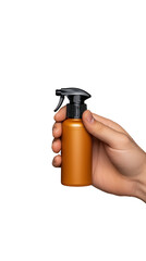 Hand holding a brown spray bottle with black nozzle on transparent background